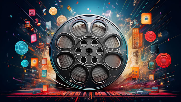 A large film reel dissolving into colorful streaming icons and digital pixels, symbolizing the shift from traditional theatrical releases to digital platforms for indie film distribution.