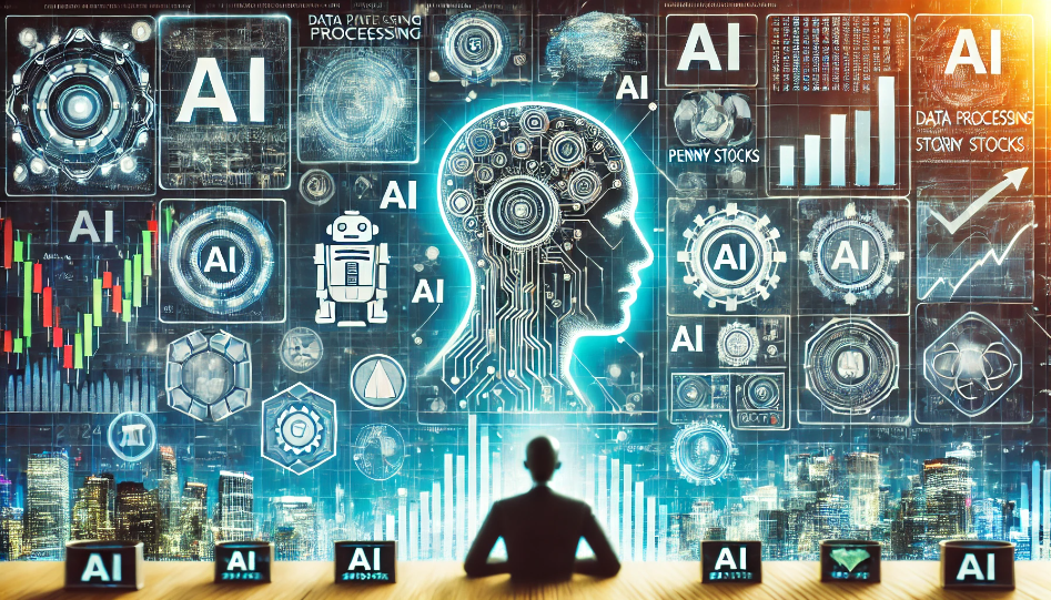 A wide image representing AI-related penny stocks, featuring a futuristic stock market board with symbols of AI technology, including data processing, robotics, and automation, alongside stock charts and tickers.