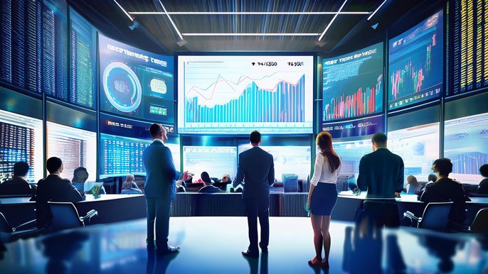 Traders watching stock market data and graphs during an IPO launch, with compliance documents in the background.