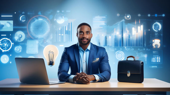 A business consultant sits at a desk with a laptop and briefcase, surrounded by floating charts, graphs, and a glowing lightbulb, symbolizing analysis, strategy, and innovative ideas in business consulting.