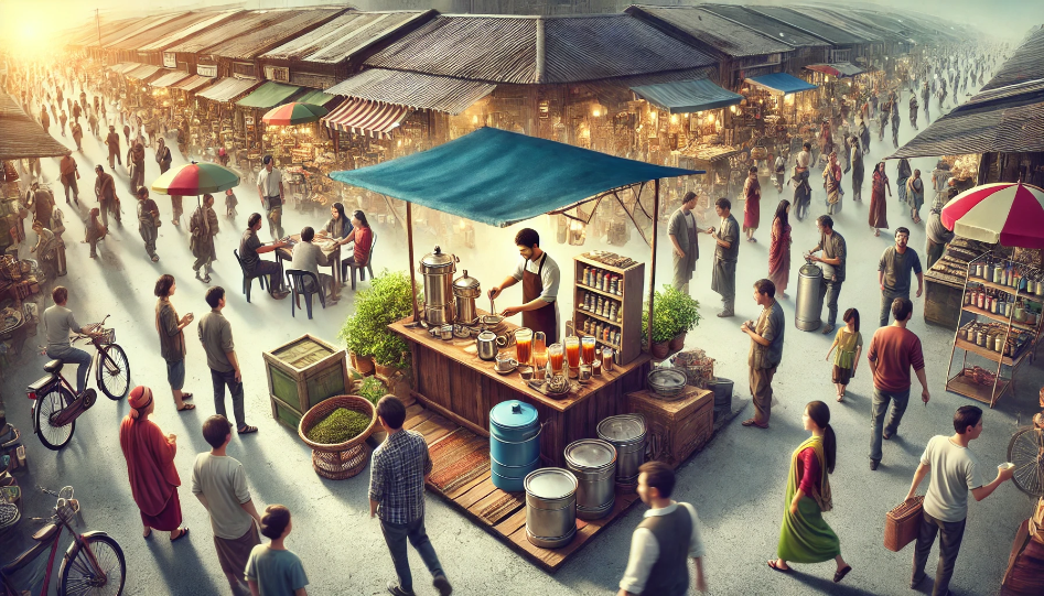 A small tea stall set up at the edge of a busy market, with the owner preparing tea surrounded by diverse customers, highlighting the simplicity and success of small-scale entrepreneurship.