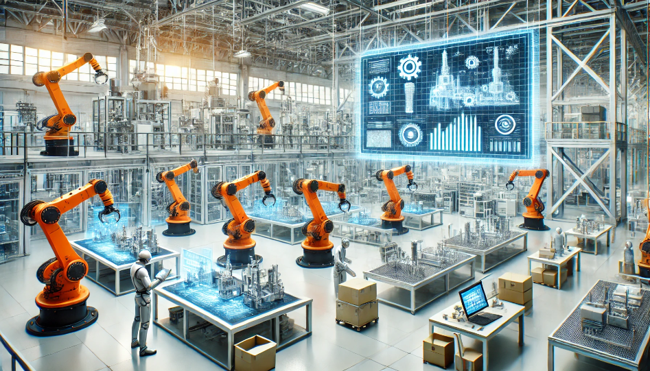 Modern manufacturing and industrial scene with robotic arms, workers, and digital screens in a high-tech factory.