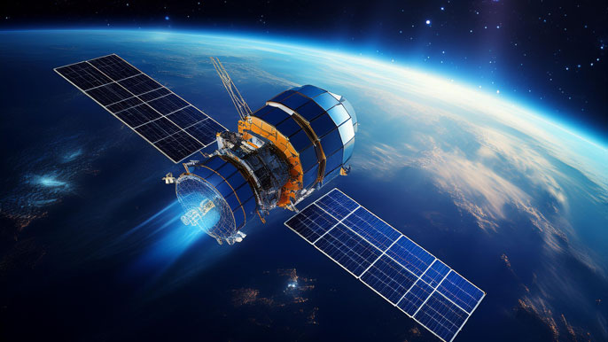 A satellite with advanced blue ion thrusters activated, orbiting above Earth with extended solar panels.