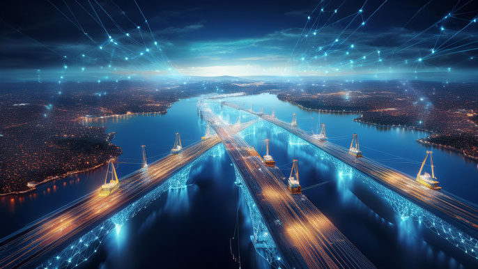 A futuristic digital bridge symbolizing global trade connections between continents under a glowing sky.