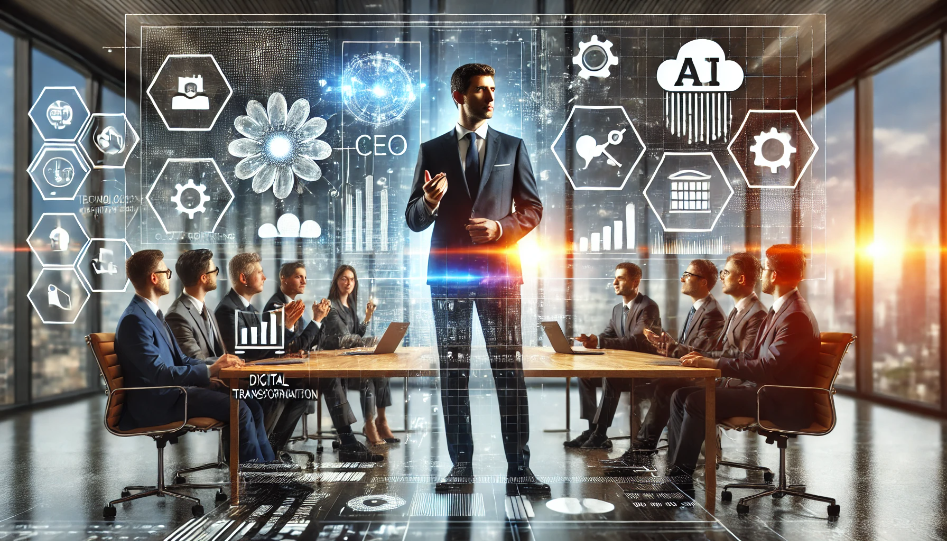 A CEO leading a digital transformation strategy in a modern office, surrounded by digital interfaces displaying data, cloud computing, AI, and analytics symbols, collaborating with an executive team, symbolizing leadership and innovation.