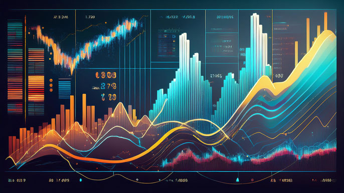 A detailed stock market interface displaying bar graphs and line charts, comparing debt-equity ratio, book market value, and sales price trends for various stocks.