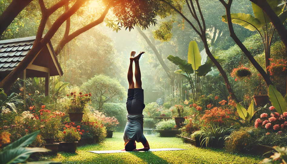 An entrepreneur performing a headstand (Sirasana) in a peaceful garden, surrounded by greenery and flowers, symbolizing balance and focus in a serene outdoor setting.