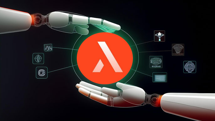 Futuristic depiction of robotic hands holding the ALAI token, symbolizing AI-driven blockchain innovation and advanced cryptocurrency integration.