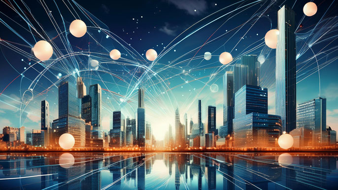 An abstract cityscape connected by glowing orbs and light trails, symbolizing the gravitational forces that unify business elements.