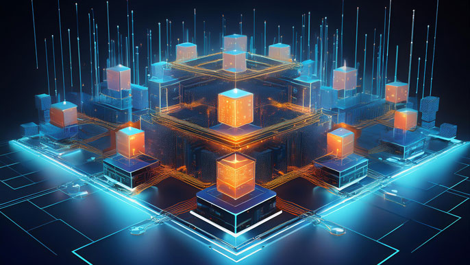 A futuristic blockchain architecture showcasing interconnected glowing cubes, symbolizing the scalable and secure infrastructure of the HOLD token ecosystem.