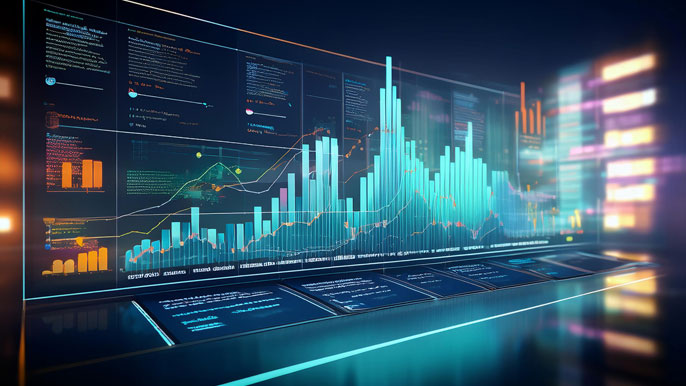 A digital dashboard displaying financial charts and metrics, showcasing the post-merger growth of a bank with data on increased customer base, reduced costs, and improved technology infrastructure.