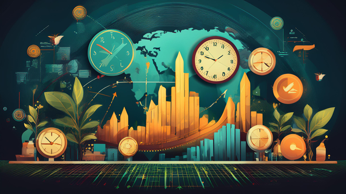 Abstract image representing the right time to invest, featuring clocks, financial charts, growing plants, and global elements symbolizing investment timing and growth opportunities.