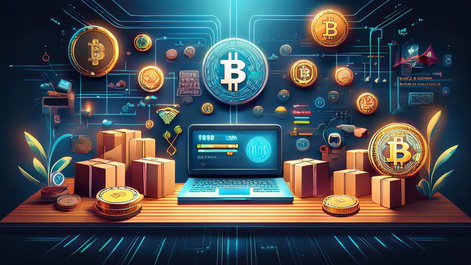 An e-commerce setup featuring a laptop with cryptocurrency payment options like Bitcoin, surrounded by digital coins and parcels, symbolizing crypto integration in online shopping.