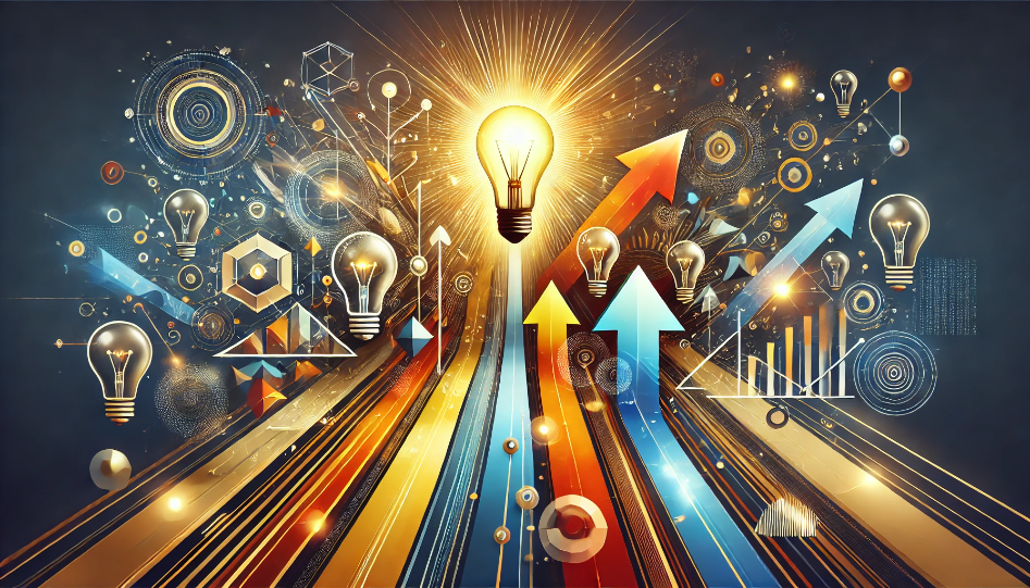 Abstract image symbolizing entrepreneurial inspiration with lightbulbs, upward arrows, and pathways representing ideas, growth, and the journey to success.