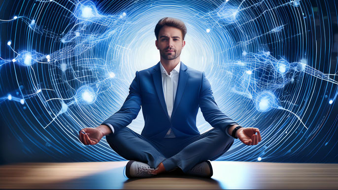 An entrepreneur meditating in a peaceful setting, with neural connections and brain waves illustrated in the background, symbolizing neuroplasticity and the impact of mindfulness on building resilience and focus.