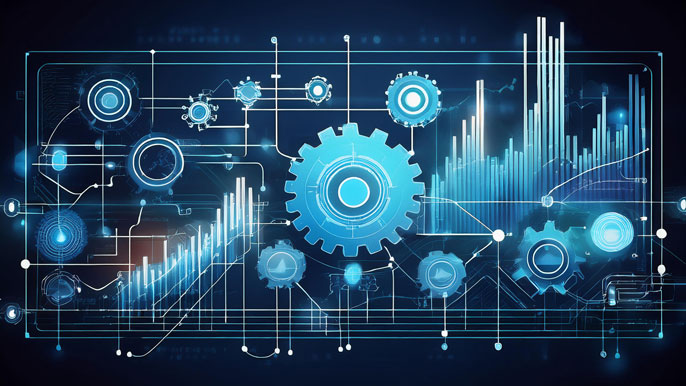 A futuristic digital interface with interconnected gears and data analytics charts, symbolizing the role of AI and machine learning in optimizing business processes through business engineering.