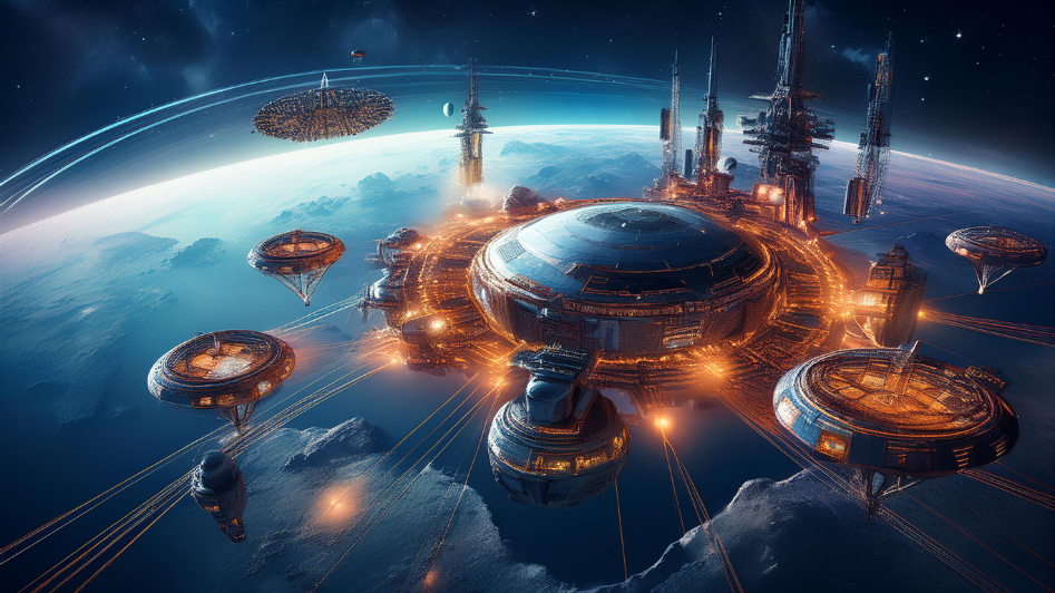 Futuristic space business infrastructure with high-tech stations and interconnected hubs orbiting Earth, symbolizing the role of AI and IT in space exploration and industry growth.