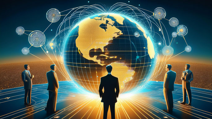 Business professionals standing around a glowing digital globe with connected pathways, symbolizing global investments in the Australian stock market.