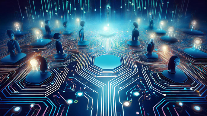 Circuit board with glowing connections, each representing different RACI roles. Small human figures stand on nodes, symbolizing team members in Responsible, Accountable, Consulted, and Informed roles, collaborating seamlessly to complete tasks.