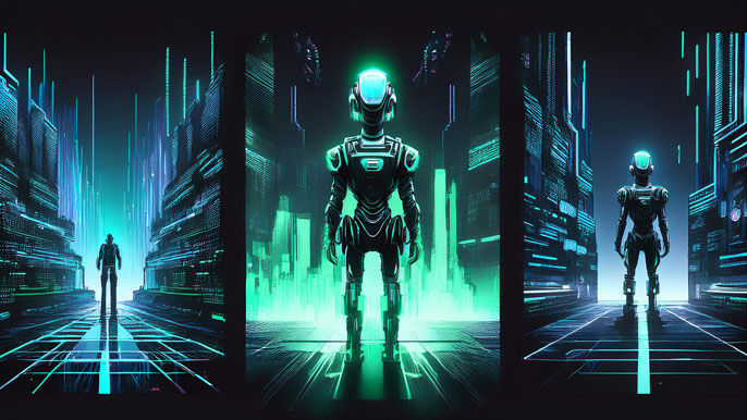 Futuristic AI-themed visuals featuring glowing robots and neon-lit cityscapes, aligned with CETI's decentralized AI innovation theme.