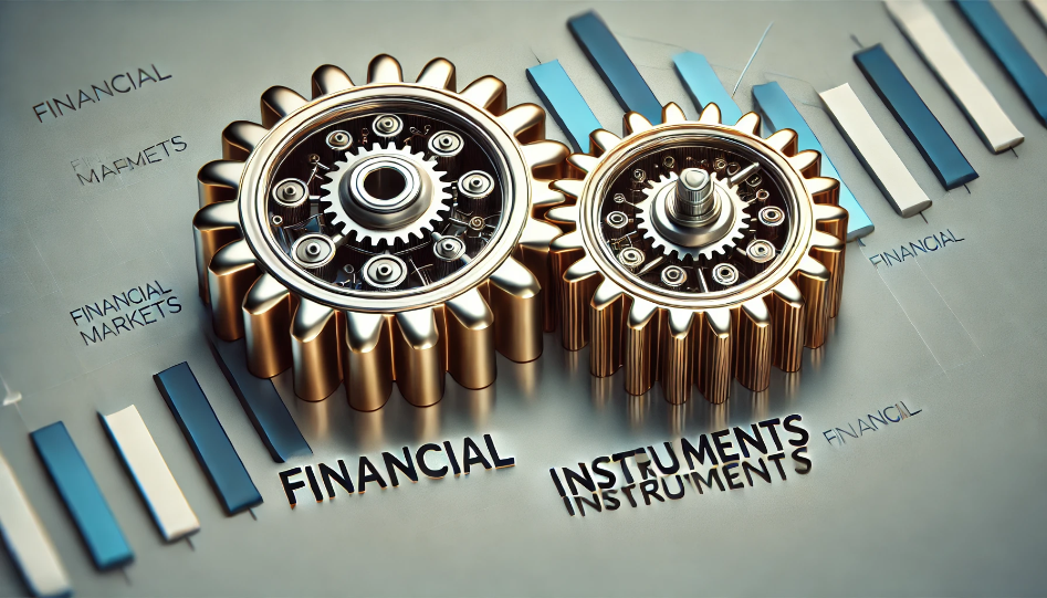 Two interlocking metallic gears, one labeled financial and the other labeled instruments. The gears are designed with a modern, professional look in metallic tones like gold and silver, symbolizing financial instruments