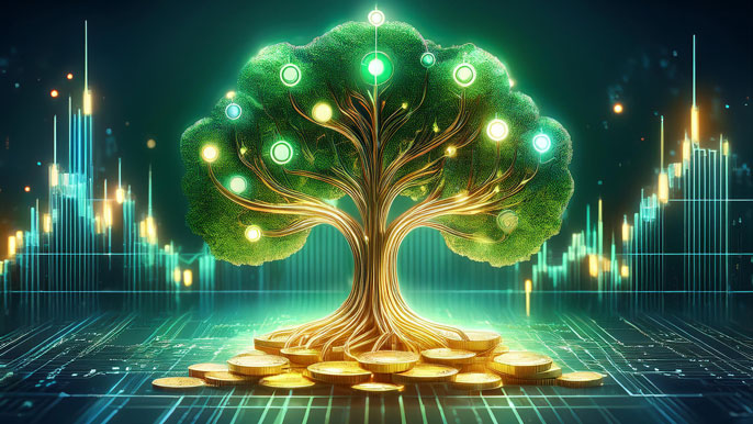 A glowing digital tree with branches made of stock charts and coins at its base, symbolizing the growth potential of UK penny stocks below £1