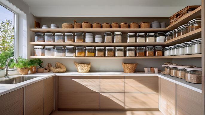 A modern, neatly organized kitchen pantry with labeled jars, baskets, and clear containers, showcasing a functional and visually appealing storage solution