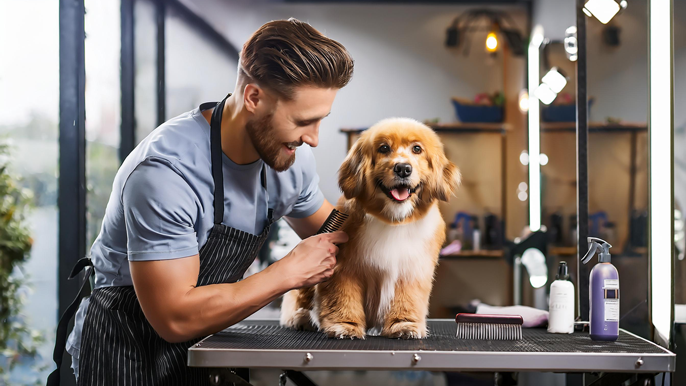 A professional groomer smiling while brushing a happy dog on a grooming table in a clean, modern pet grooming salon.