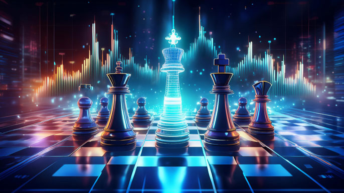 A futuristic chessboard with glowing chess pieces and stock market graphs, symbolizing strategic decision-making in options trading.