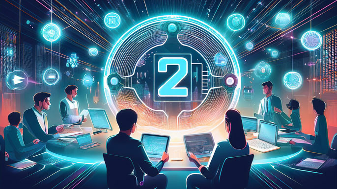 A futuristic Quant token symbol at the center of a vibrant digital workspace where young Gen Z users are interacting with blockchain platforms, symbolizing accessibility and innovation in decentralized finance.