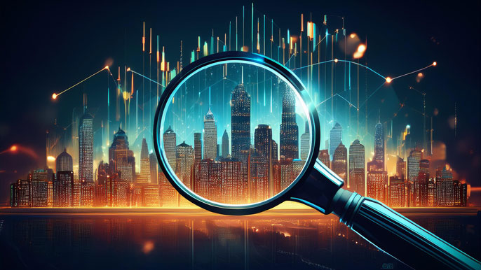 A magnifying glass highlighting a futuristic city skyline shaped like stock market graphs, symbolizing the growth potential of Indian penny stocks.