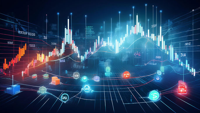 A visual representation of the stock market process, showing fluctuating stock prices, graphs, and icons symbolizing buyers, sellers, and global stock exchanges.