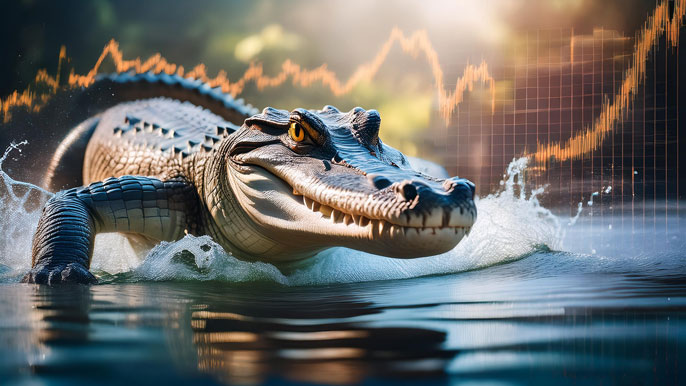 A focused alligator swiftly swimming through water, symbolizing the "hunting" phase of the Alligator Indicator, with stock market charts subtly in the background representing a strong market trend.