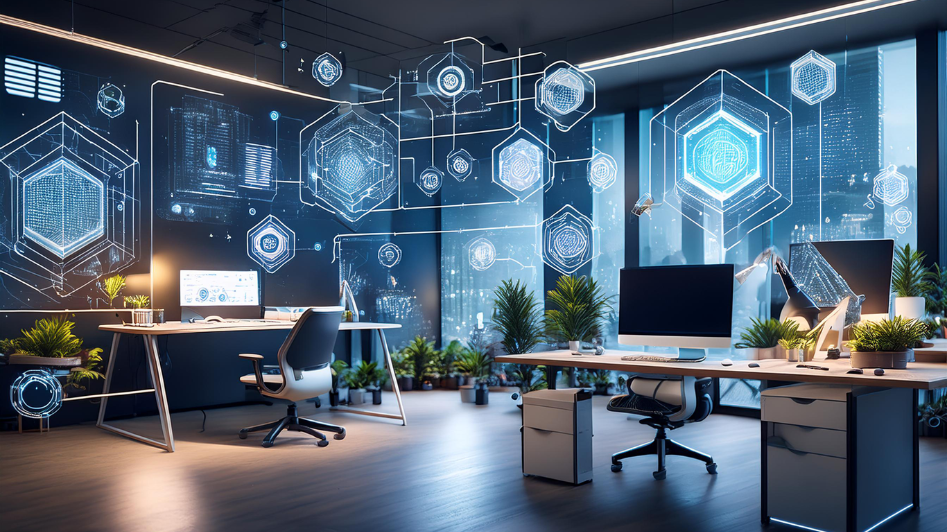 Futuristic startup workspace with digital elements, showcasing innovation in AI, blockchain, and cutting-edge technology.