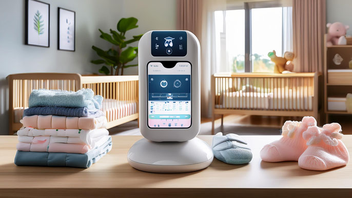 A smart baby monitor displays health data in a cozy nursery, surrounded by folded baby clothes and booties.