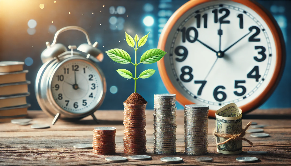 A plant sprouting from stacks of coins with clocks in the background, symbolizing the relationship between time, financial investment, and sustainable business growth.