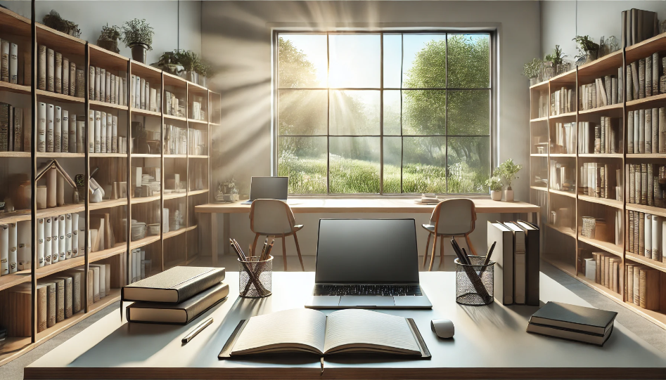 Minimalist workspace with a desk, laptop, books, and natural light from a window overlooking greenery.