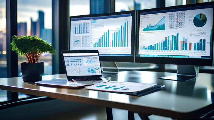 A modern office desk with financial reports, a laptop, and dual monitors displaying charts and graphs for evaluating a business's financial health using key metrics such as profitability, liquidity, and solvency.