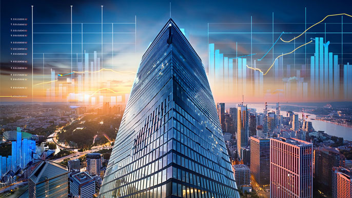 A high-rise corporate building with stock market graphs in the background, symbolizing Aegon Ltd.'s financial growth and global presence.