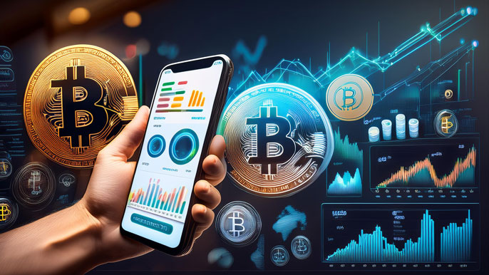 A hand holding a smartphone displaying a cryptocurrency wallet app, surrounded by glowing Bitcoin coins, financial charts, and blockchain visuals, symbolizing a diversified crypto portfolio.