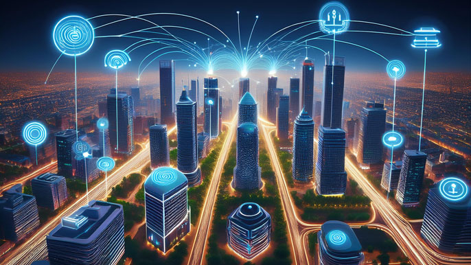 Smart city with LoRa-connected devices and wireless communication icons, symbolizing long-range IoT connectivity.