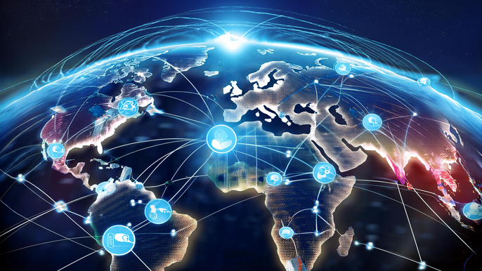 A global network illustrating medical devices distribution across continents, with interconnected hubs and digital symbols representing medical equipment being shipped worldwide, highlighting the vast reach of the medical device industry.