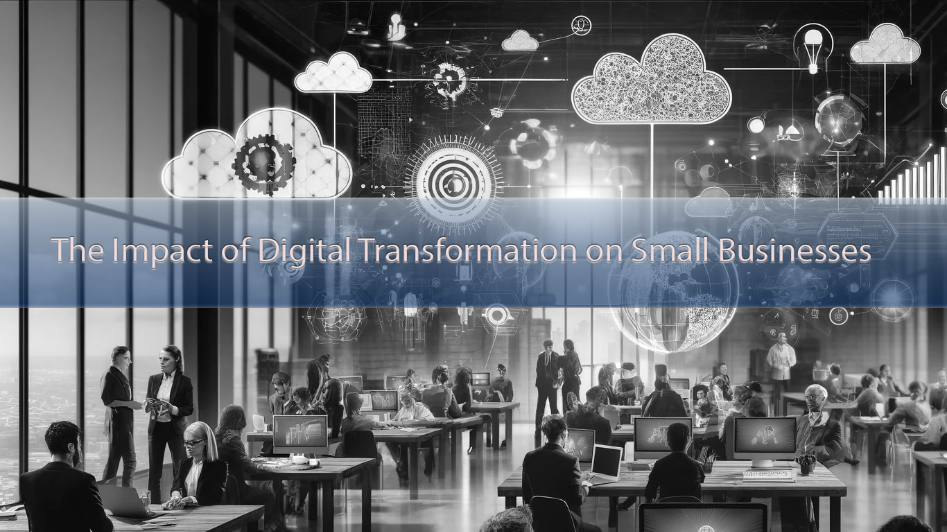 Modern small business office with diverse employees using laptops and tablets, featuring cloud icons, data charts, and a digital map symbolizing global connectivity and digital transformation.