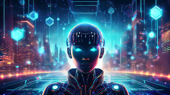 Futuristic digital avatar with glowing blockchain nodes and a vibrant cyberpunk cityscape in the background, symbolizing AI and blockchain integration.