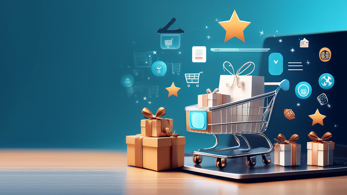 Shopping cart filled with gift boxes and rewards on an e-commerce website, highlighting the use of gamification features like prizes and rewards to boost customer engagement and sales.