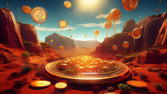 Floating golden coins rising from a futuristic platform in a red desert landscape, symbolizing the growth potential of Australian penny stocks.