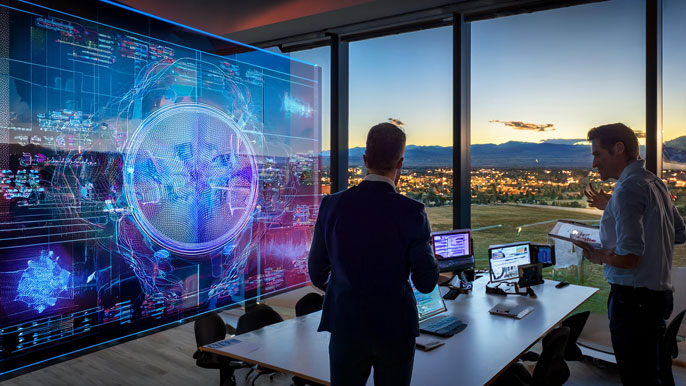 Business professionals discussing quantum computing technology in a Colorado office with a holographic data display, overlooking a scenic view of the Rocky Mountains, symbolizing Colorado's role as a hub for quantum innovation.