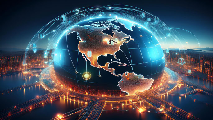 A glowing globe with interconnected pathways representing global value chains, connecting factories, shipping, and data streams.