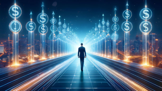 An entrepreneur walking on a futuristic, glowing bridge supported by pillars, each displaying symbols like dollar signs and handshakes, representing guidance from business and financial advisors on the path to success.