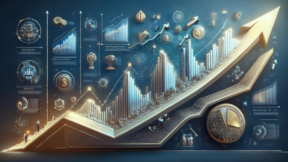 A conceptual image illustrating business growth with rising bar graphs and a steep upward path. It symbolizes challenges and breakthroughs businesses face, featuring financial symbols, and ending with an arrow representing success.